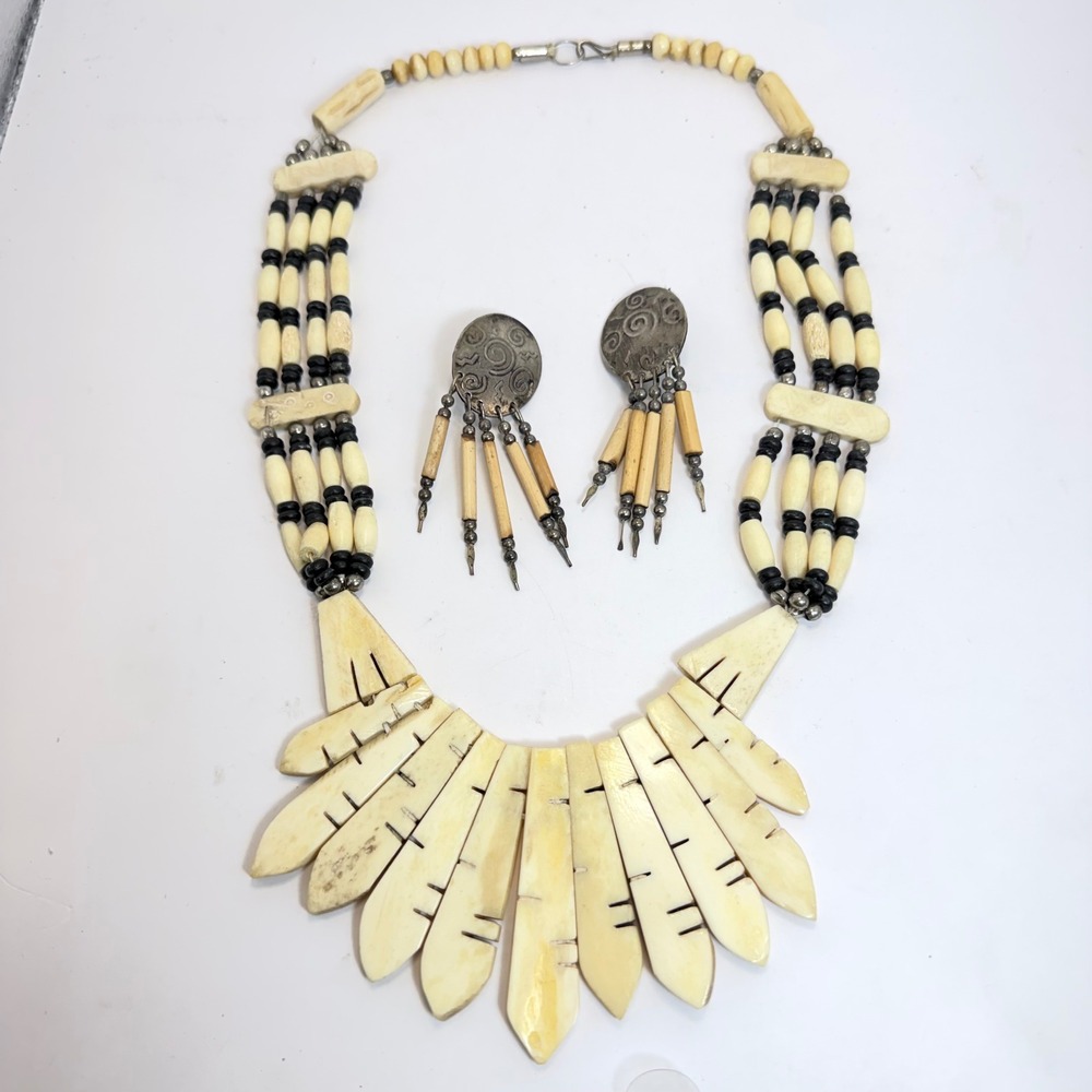 Vintage Tribal Bone Bib Necklace and Clip-On Earring Set Boho Ethnic Cream Black